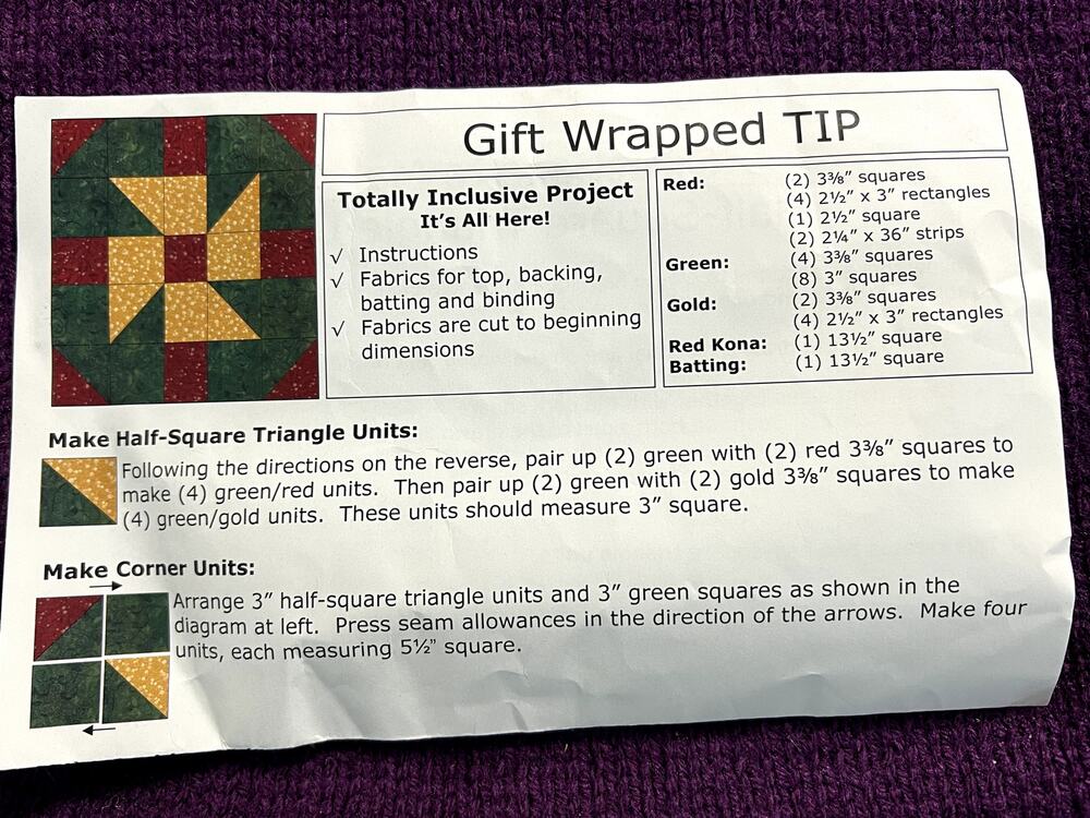 Quilt block kit gift wrapped TIP red green yellow geometric